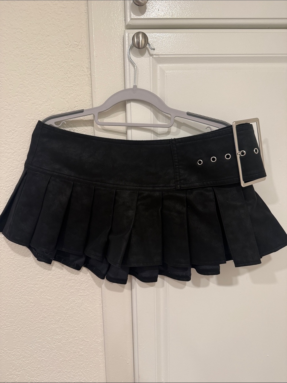 Dolls Kill Black Faux Leather Pleated Mini Skirt with Buckle